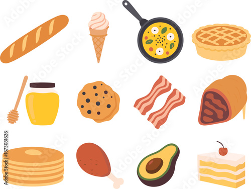 Assortment Of Delicious Food Items In Flat Design On White Background Keywords: food, assortment, collection, flat