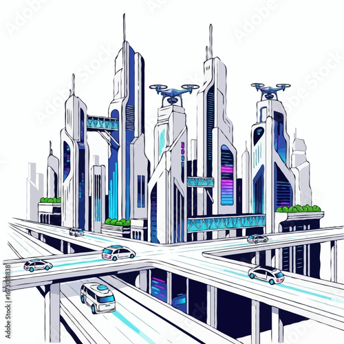Vision of a technologically advanced metropolis with sleek skyscrapers, multi-level highways, and AI-powered transportation