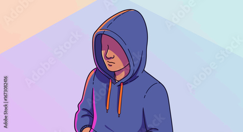 An illustration of an anonymous person in a blue hoodie, with their face hidden in shadow against a pastel gradient background.