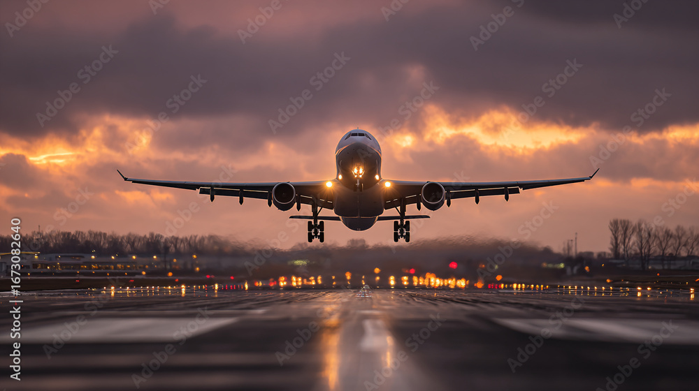 Naklejka premium Airplane taking off at dusk with runway lights and a dramatic sky in the background