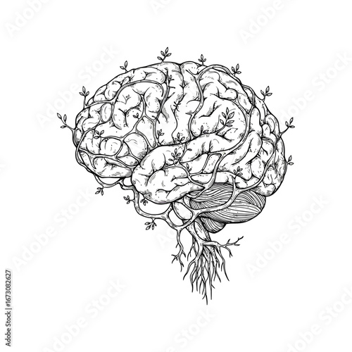 Abstract illustration of a healthy brain with growing green sprouts symbolizing neural growth and mental well being vector