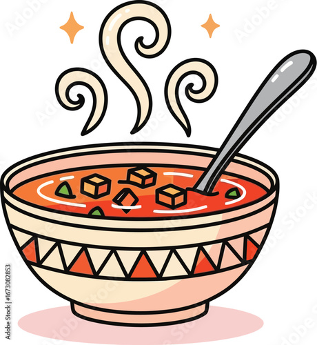 Warm Steaming Soup Bowl with Spoon, Cozy Cartoon Illustration