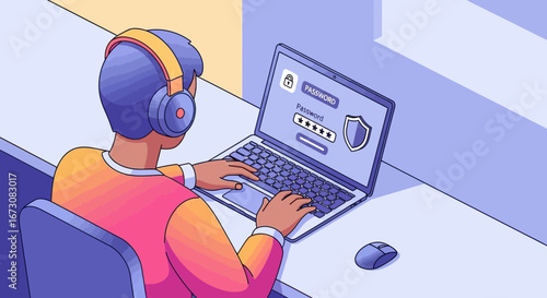 An illustration of a person wearing headphones and using a laptop, focusing on password entry and cybersecurity.
