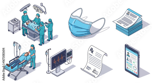 A collection of isometric illustrations depicting various medical and healthcare scenes and objects.