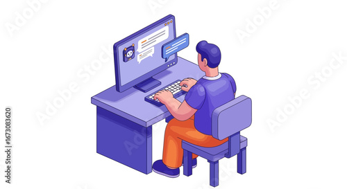 Isometric illustration of a man sitting at a desk, working on a computer and engaging in an online chat conversation.