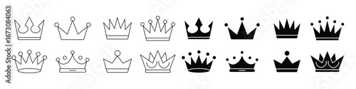 crown icon set vector on white background. royal, king, queen, luxury, regal, icon, monarchy, symbol, coronation, power, authority, wealth, success, symbol.