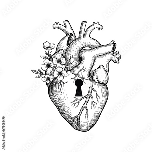 Anatomical heart with keyhole and flowers sketch symbolizing love and secrets romantic artistic representation vector