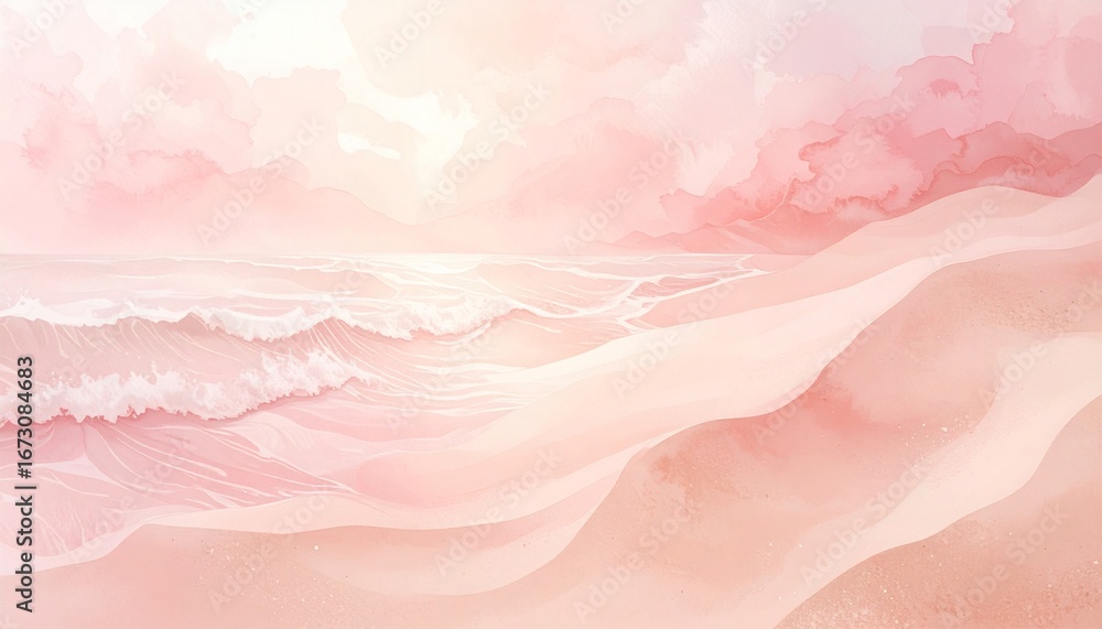 Fototapeta premium Blush-Toned Serenity: A Dreamlike Watercolor Painting of a Pink Ocean and Sand Dunes