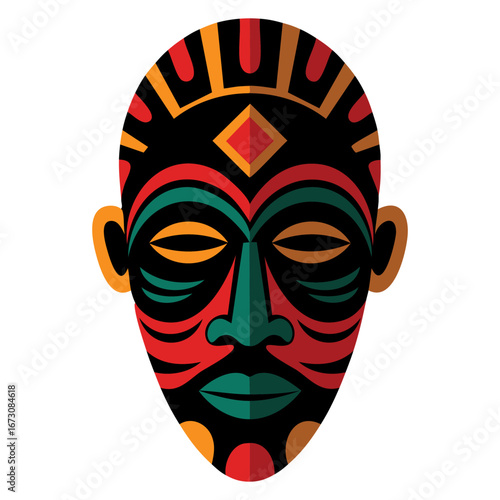 Flat illustration set of African ethnic tribal masks on colour background, ritual symbols ideal for cultural, tribal, and ethnic art visuals.