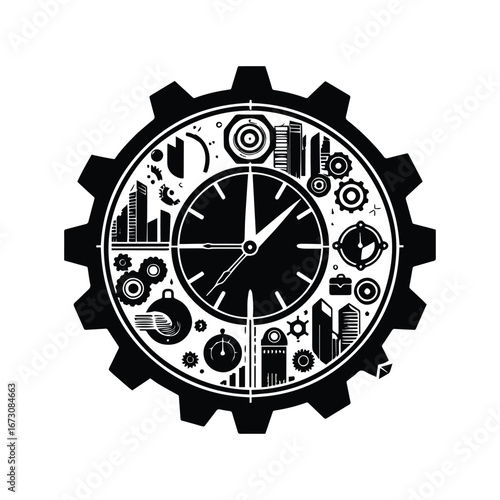 Black and White Clock with Gear Symbol