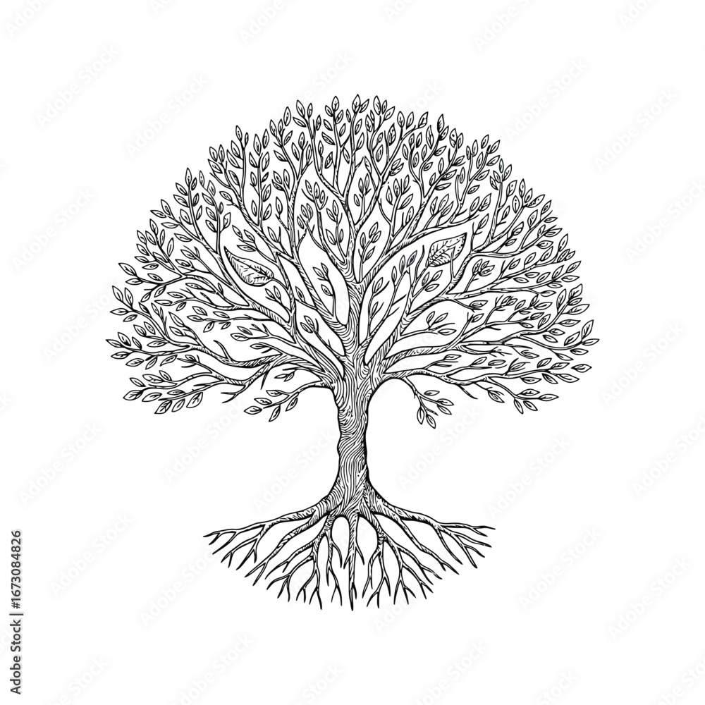 Naklejka premium Detailed sketch of a mature deciduous tree with intricate branches and prominent root system isolated on a light surface vector