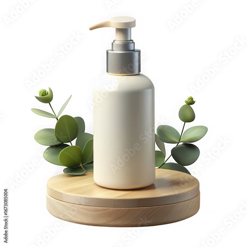 Sleek opaque white pump bottle with silver cap and greenery studio shot