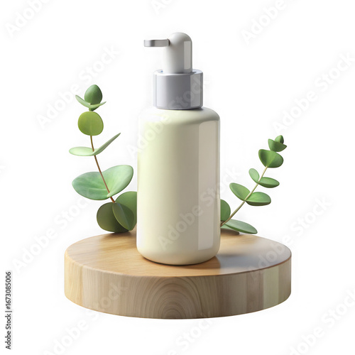 Minimalist studio shot of opaque white skincare bottle with eucalyptus leaves and wooden stand