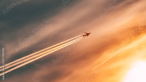 Airplane flying in the sky with contrails against a colorful sunset background view