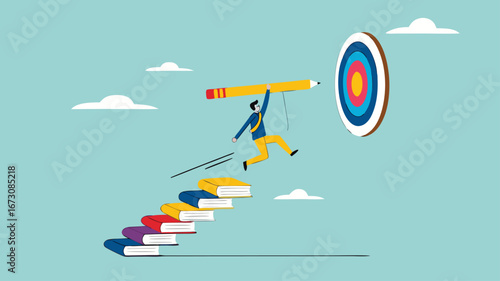 achieving education goals, strategies for achieving success with higher education, courses or skills development, Businesspeople create ladders from books to target educational goals with pencil
