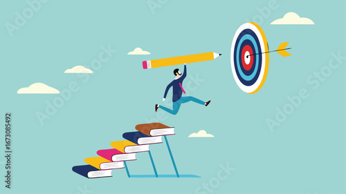 achieving education goals, strategies for achieving success with higher education, courses or skills development, Businesspeople create ladders from books to target educational goals with pencil
