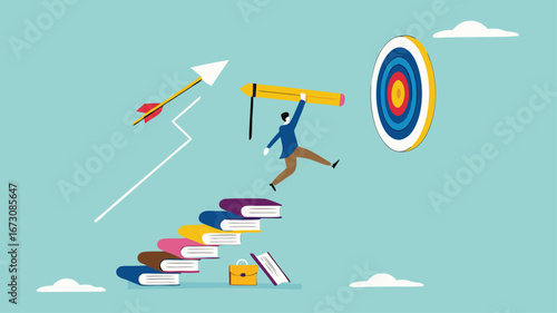 achieving education goals, strategies for achieving success with higher education, courses or skills development, Businesspeople create ladders from books to target educational goals with pencil
