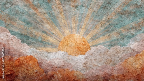 Vintage parchment paper with faded pastel colors, abstract golden sun rays and orange rock pattern, ancient textured canvas background in soft focus with medieval art vibe.