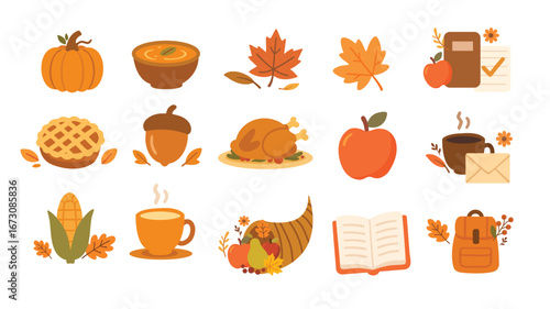 Autumn food and harvest icons with pumpkin turkey pie