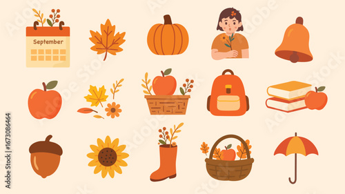 Autumn elements set with pumpkins books sunflower umbrella calendar