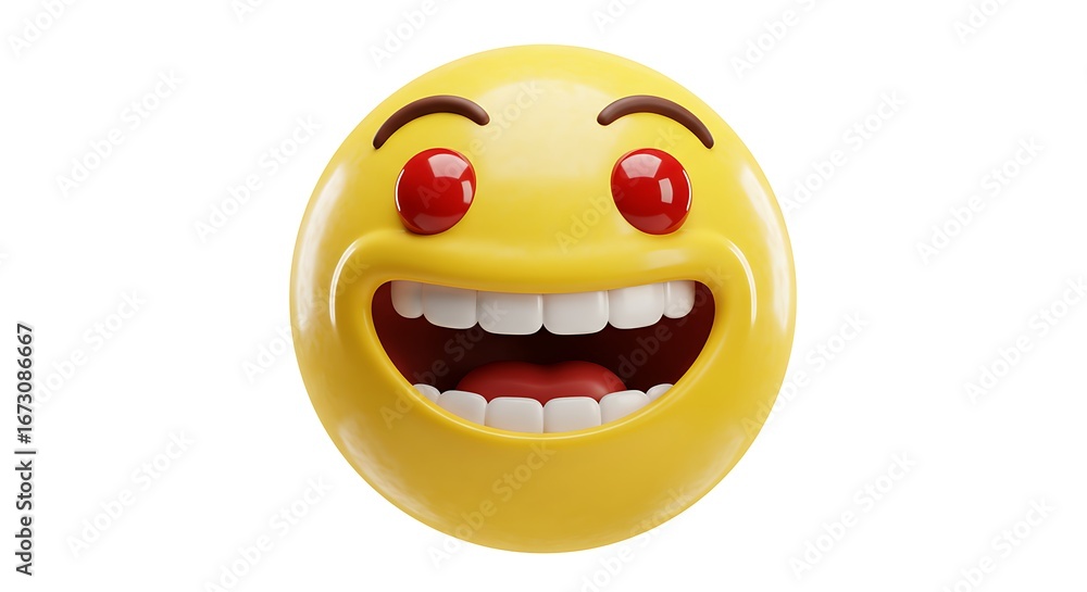 Fototapeta premium A vibrant yellow emoji with wide, excited grin and glowing red eyes, isolated on white.