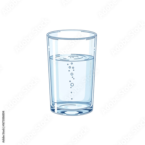 Transparent Glass of Water with Bubbles, Refreshment and Hydration, Vector Outline Illustration