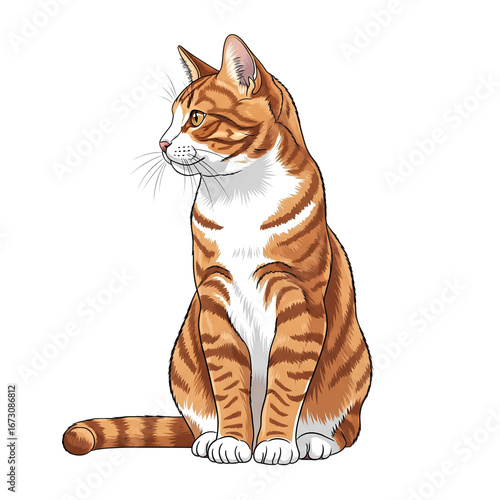 Adorable Orange Tabby Cat Sitting, Domestic Feline, Realistic Hand-Drawn Illustration