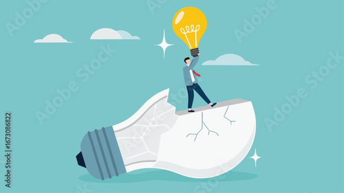changing business strategies or ideas, move on to new business opportunities for career success, businessman flying leaving broken light bulb using new light bulb idea concept vector illustration
