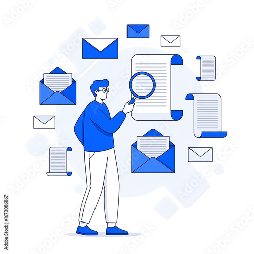 Man Analyzing Documents with a Magnifying Glass, Mail and Communication, Vector Illustration