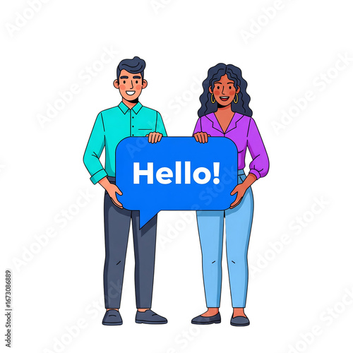 Two People Holding a Hello Speech Bubble, Greeting and Communication, Vector Illustration
