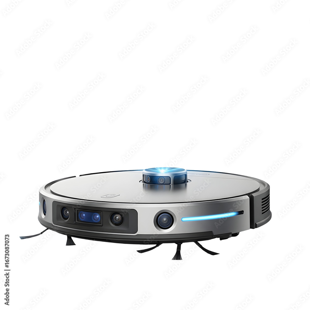 Fototapeta premium Silver Robotic Vacuum Cleaner on Transparent Background with Blue Lights