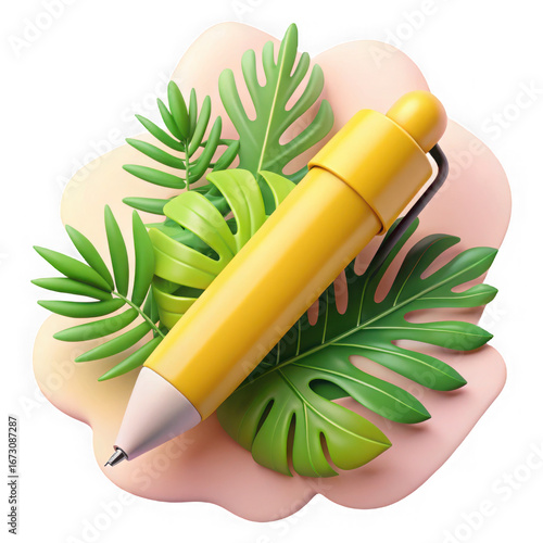 Vibrant yellow mechanical pencil rests diagonally amidst lush greenery and soft pink petals