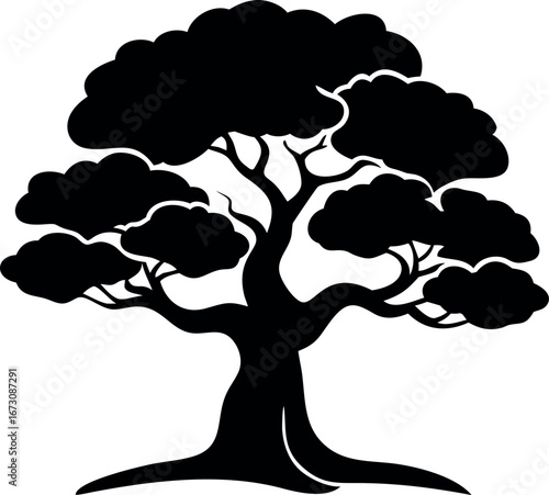 Elegant black silhouette of a stylized bonsai or Japanese pine tree with a thick, gnarled trunk, symbolizing nature, wisdom, and life