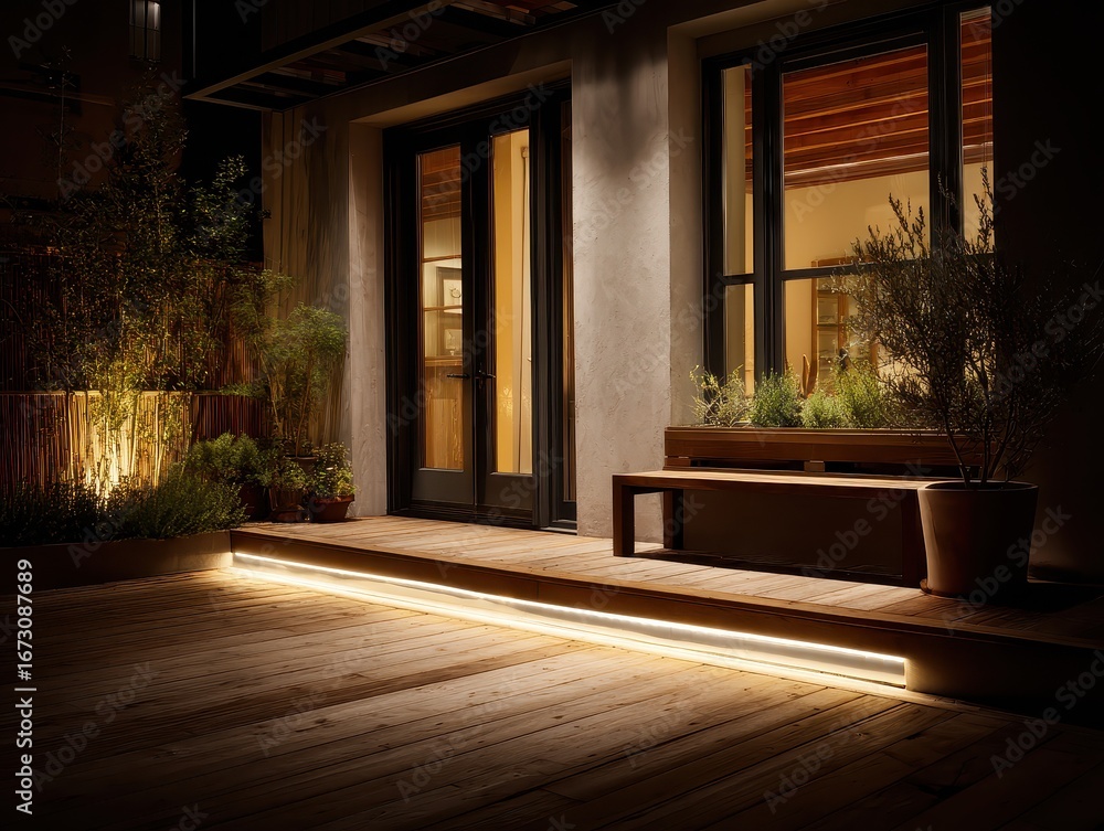 Fototapeta premium A wooden deck with a bench and planters