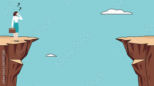 creative problem solving at work illustration with the concept of a businesswoman who is looking for a way to cross the gap between two cliffs, challenge at work
