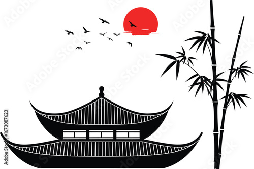 Traditional japanese pagoda architecture with bamboo and a rising sun in a classic ink wash painting style