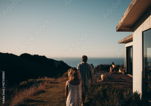 Family holiday at a beautiful location, architecturally design home, dark photo, underexposed, dramatic and beautiful, New Zealand, Australia, morning light, hazy views, healthy holidays, special mome