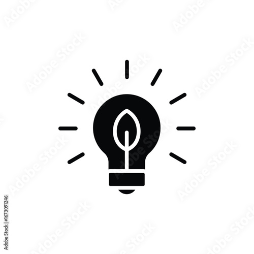 Sustainable ecological energy icon. Simple solid style. Bulb, lightbulb, light, leaf, green, idea, plant, lamp, eco, environment concept. Silhouette, glyph symbol. Vector isolated design