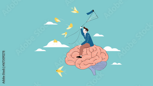 new creative idea searching process, mindset development or learn new skill, contemplation to find solutions or innovations, businessman riding human brain using butterfly net to catch light bulb idea