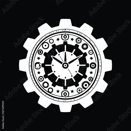 Black and White Clock with Gear Symbol