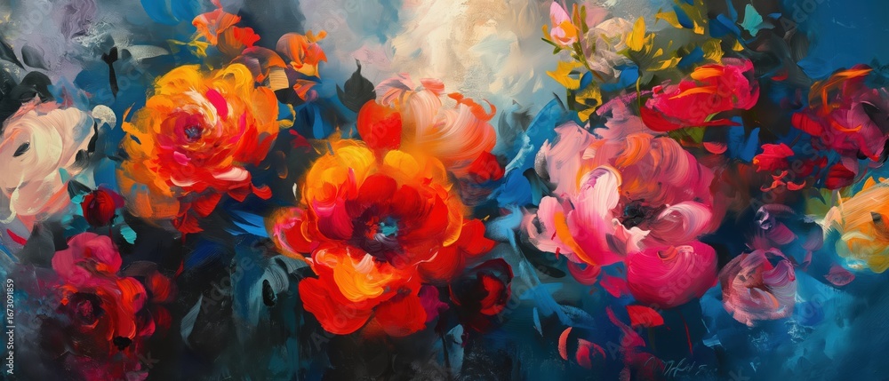 Obraz premium Vibrant impasto floral painting with bold hues and dynamic brushstrokes