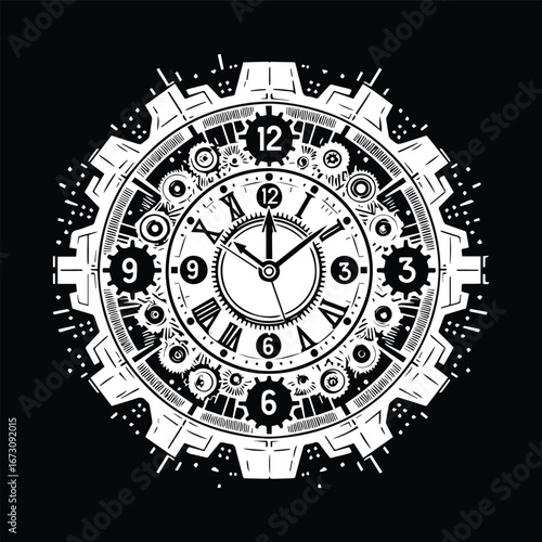 Black and White Clock with Gear Symbol