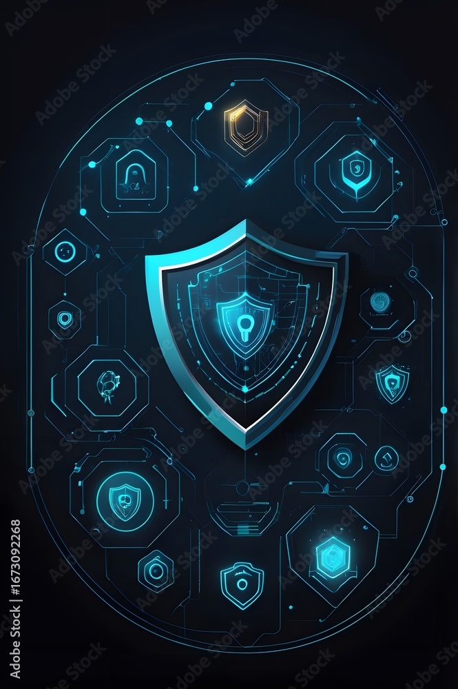 Fototapeta premium Abstract AI workflow with security locks and shield illustration