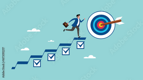 personal development goals for work, train specific skills or competencies to achieve career success, self improvement or career growth, Businessman walk up checklist as a ladder to reach target
