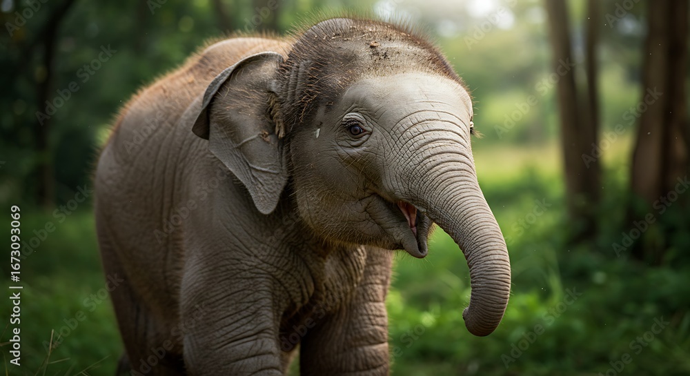 Fototapeta premium A young elephant calf stands in a lush green forest, its trunk slightly raised and mouth open, possibly vocalizing or exploring.