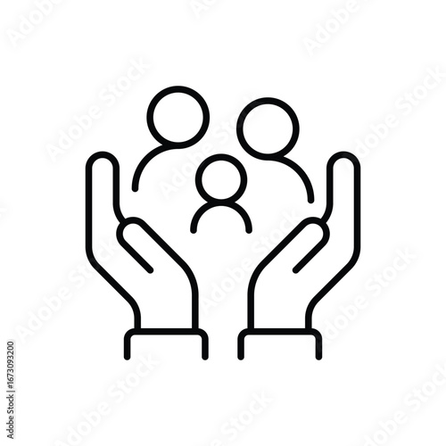 Family care icon. Simple outline style. Two hands holding or hugging group people, group life insurance, caring hands family medicine concept. Thin line symbol. Vector isolated design