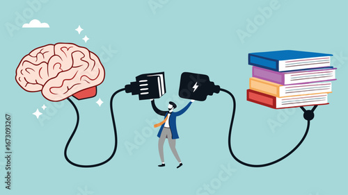 read books to learn new lessons, literature or intelligence information, improve literacy and numeracy skills, businessman connect plug with stack of book with human brain concept vector illustration
