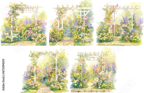 garden trellis watercolor clipart 