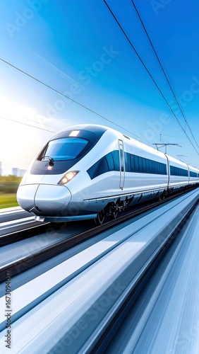 High-Speed Train Traveling on Track, Outdoors