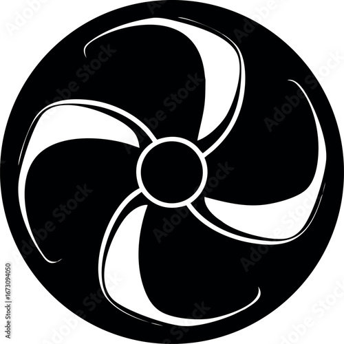 Minimalist vector illustration of a spinning fan blade emblem, a powerful abstract symbol for air circulation and turbine power